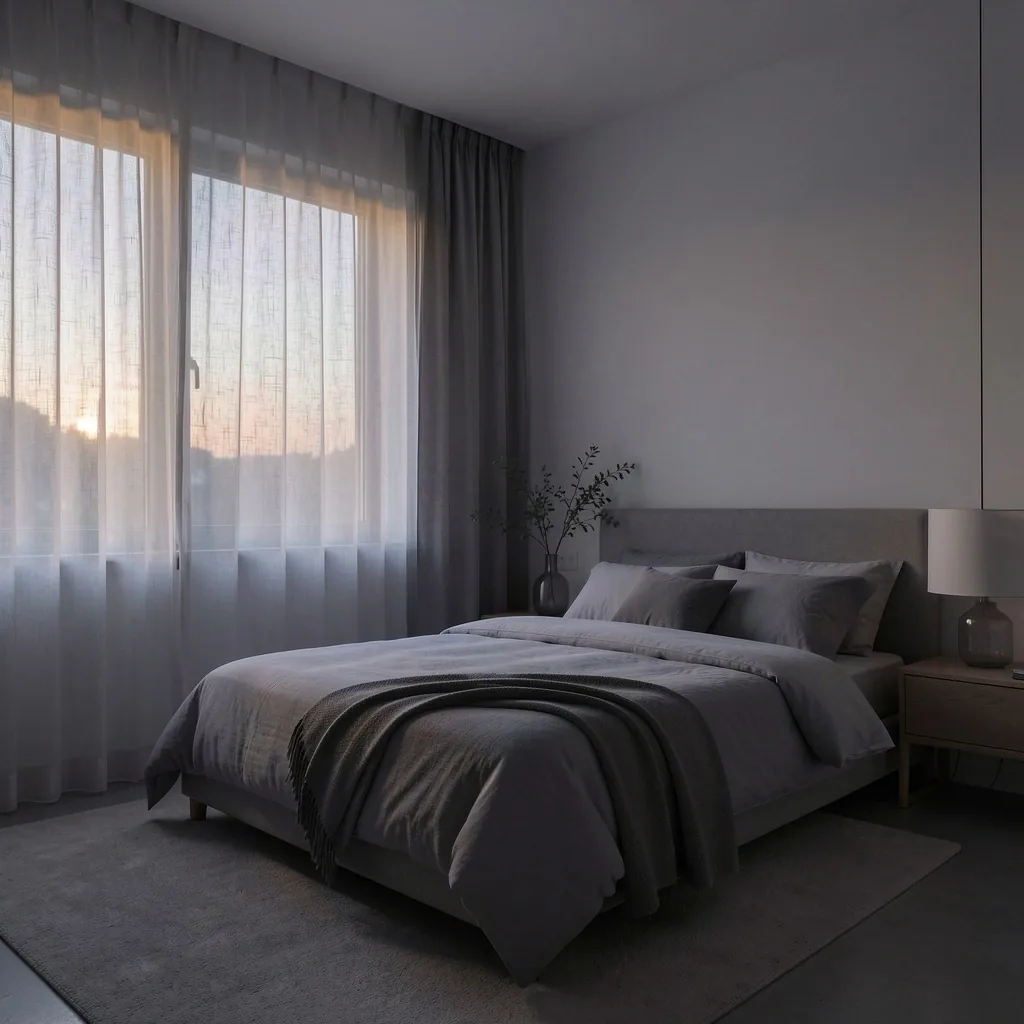 Habitación tranquila con cama hecha y luz natural suave al atardecer
