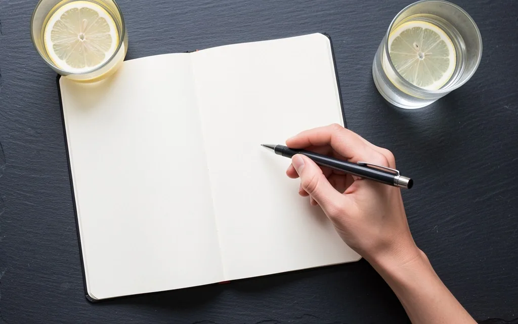 Persona escribiendo en cuaderno con taza de té sobre escritorio oscuro