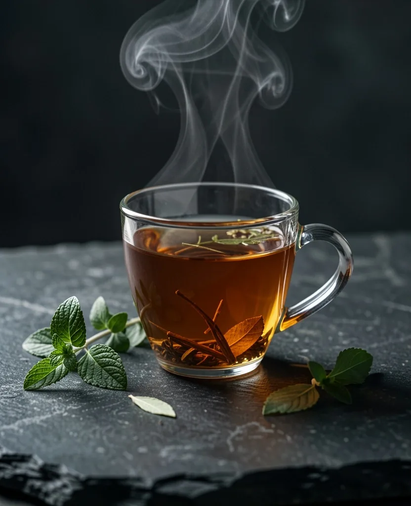 Taza de infusión botánica humeante sobre mesa de piedra oscura
