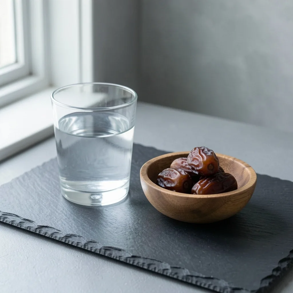 Vaso de agua y cuenco con dátiles sobre superficie mate oscura