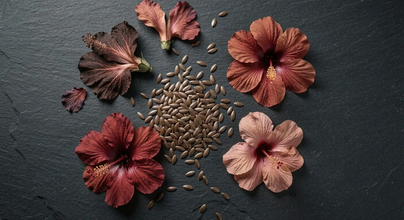 Ingredientes botánicos sobre superficie oscura