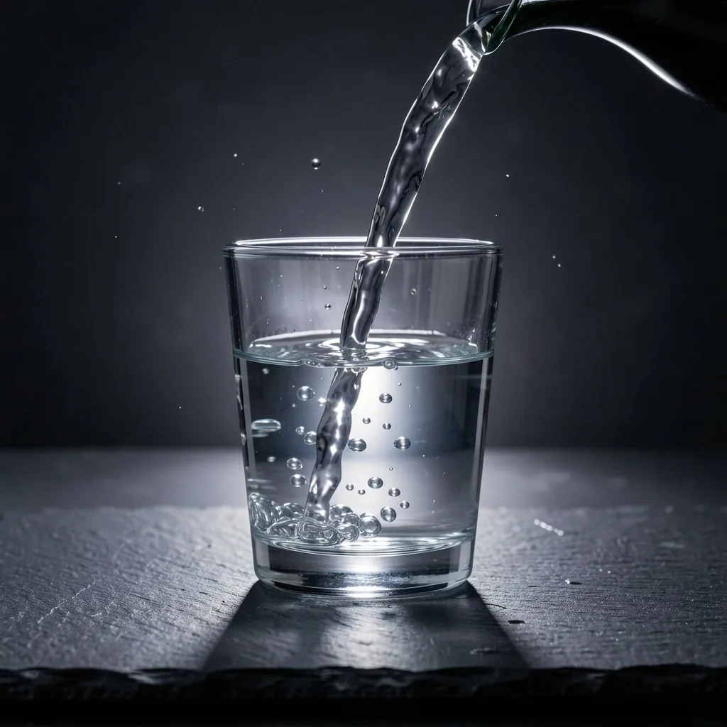 Agua vertiéndose en un vaso sobre pizarra oscura
