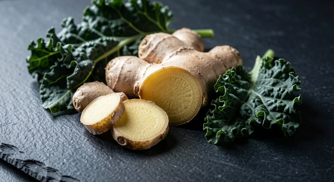 Ingredientes naturales para la salud digestiva sobre superficie oscura