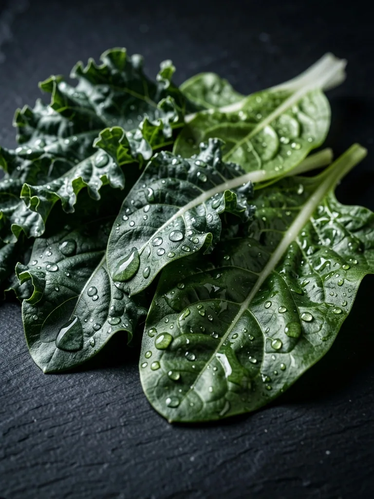 Vegetales de hoja verde sobre superficie de pizarra oscura